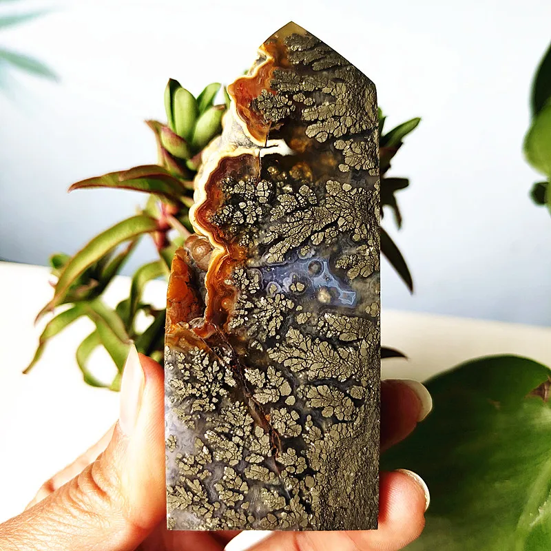 

Natural Agate Crystal Tower Stone Wand Point Room Decoration Agate and Pyrite Mineral Symbiont Ornaments Reiki Healing Crystals