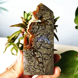 Natural Agate Crystal Tower Stone Wand Point  Room Decoration Agate and Pyrite Mineral Symbiont Ornaments Reiki Healing Crystals