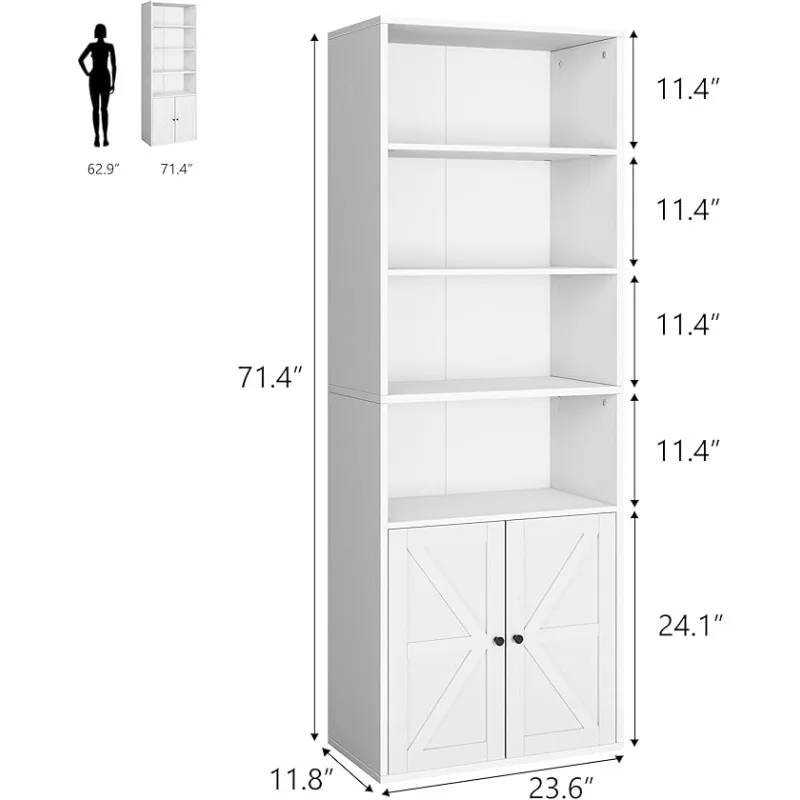 White Bookcase with Doors Industrial Bookshelf 11.8in Depth Display Storage Shelves 71.4in Tall Farmhouse Bookcases Wooden