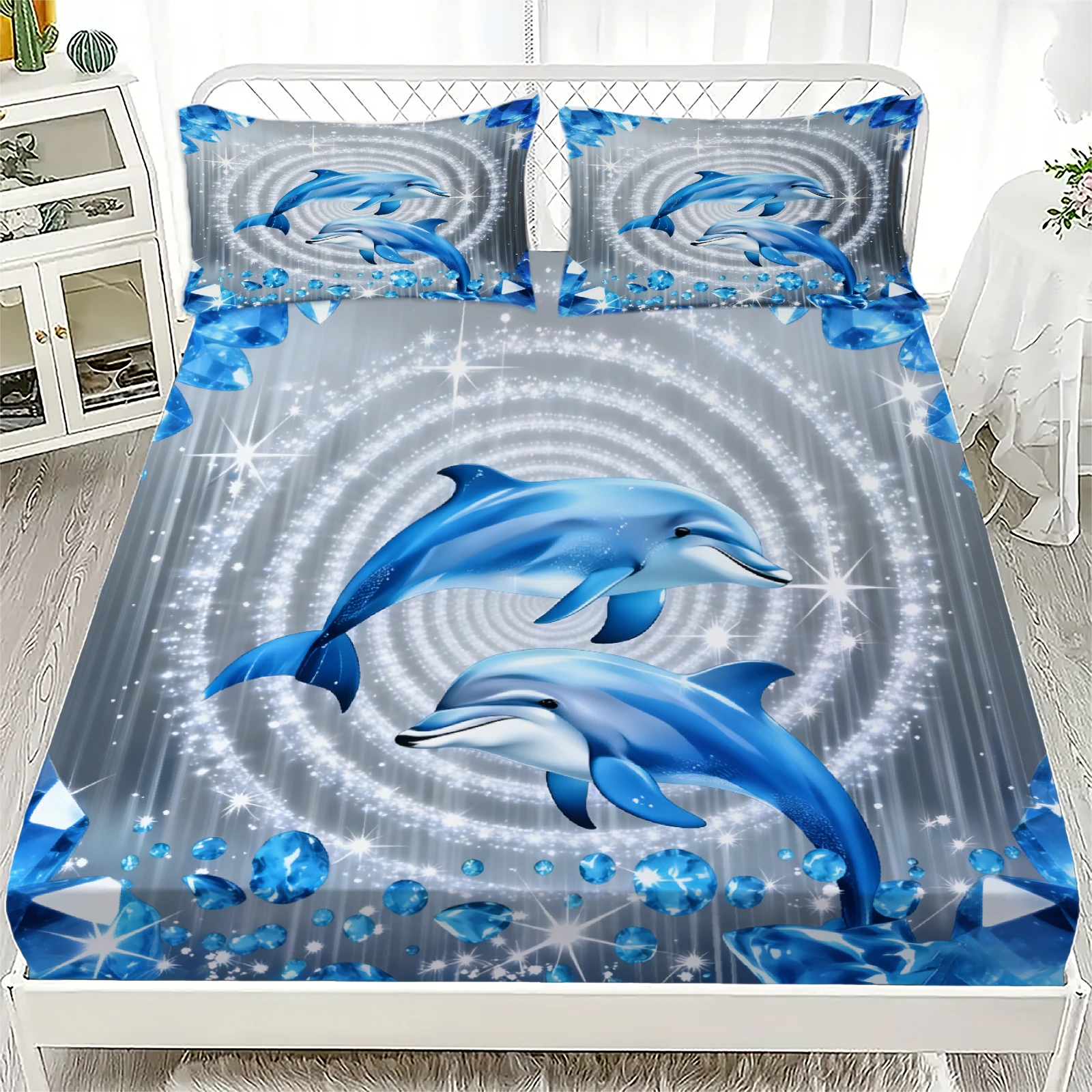 

Dolphin 3D Printed Fitted Sheet Set Blue Ocean Dolphin Pattern Bedding With Pillowcases For Bedroom