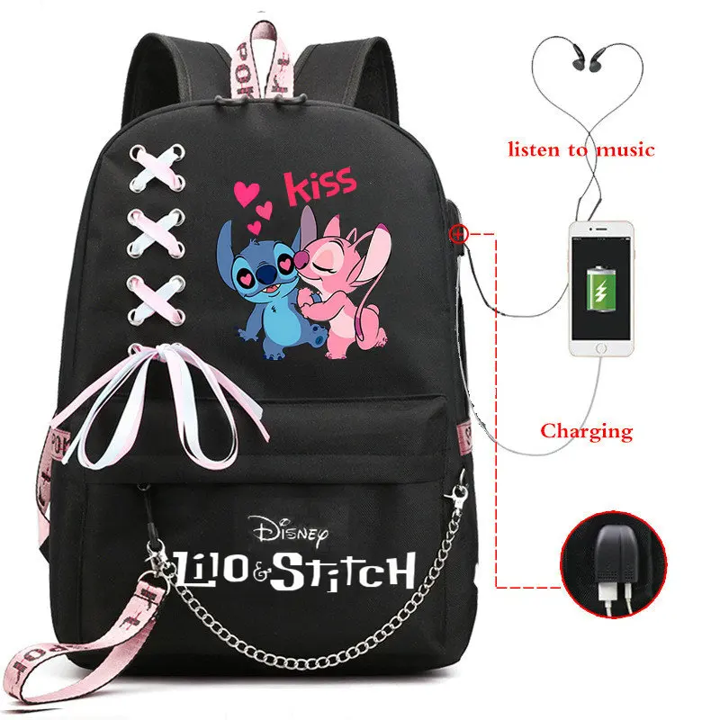 Mochila con estampado de dibujos animados para hombre y mujer, morral escolar de lona con carga USB y cintas para adolescentes