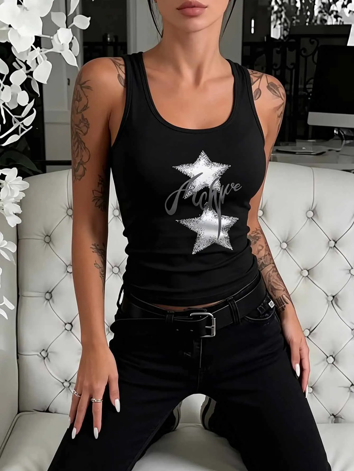 Sommerliches, lässiges Damen-Tanktop mit Stern- und Blumenmuster und Buchstaben-Grafik | Y2K Enganliegende Streetwear, Fitness-Bekleidung – Detail 5