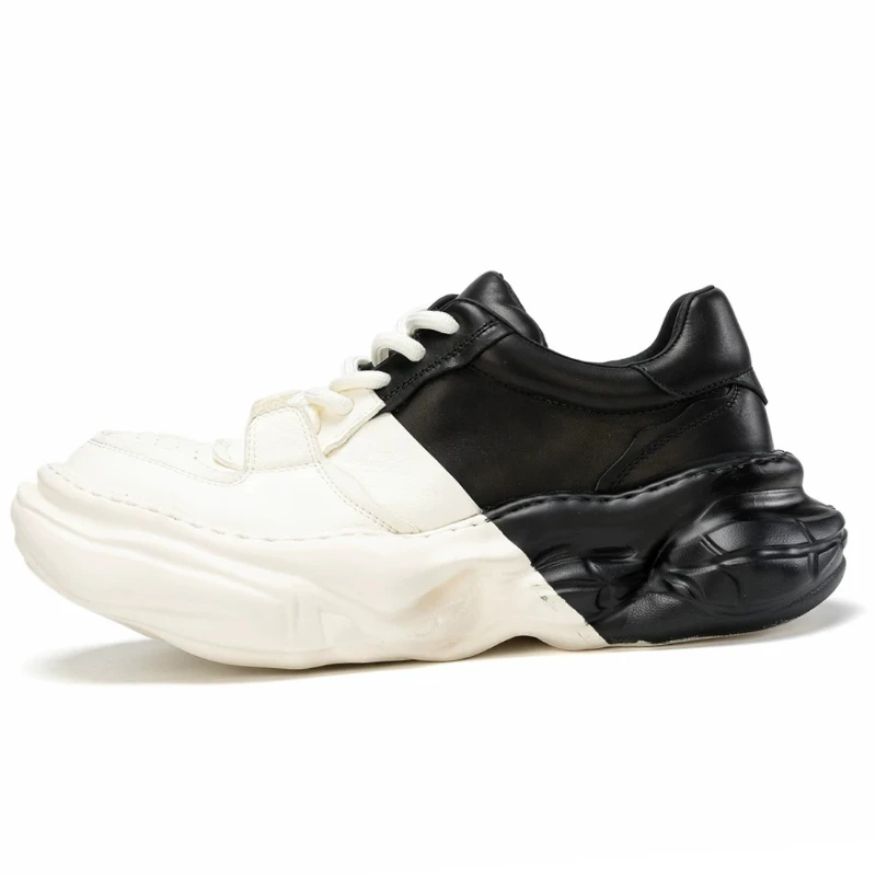 Genuine Leather Silver-black Daddy Shoes for Men's Thick Soled Height Increasing Shoe Comfortable Breathable Casual Sports Shoes