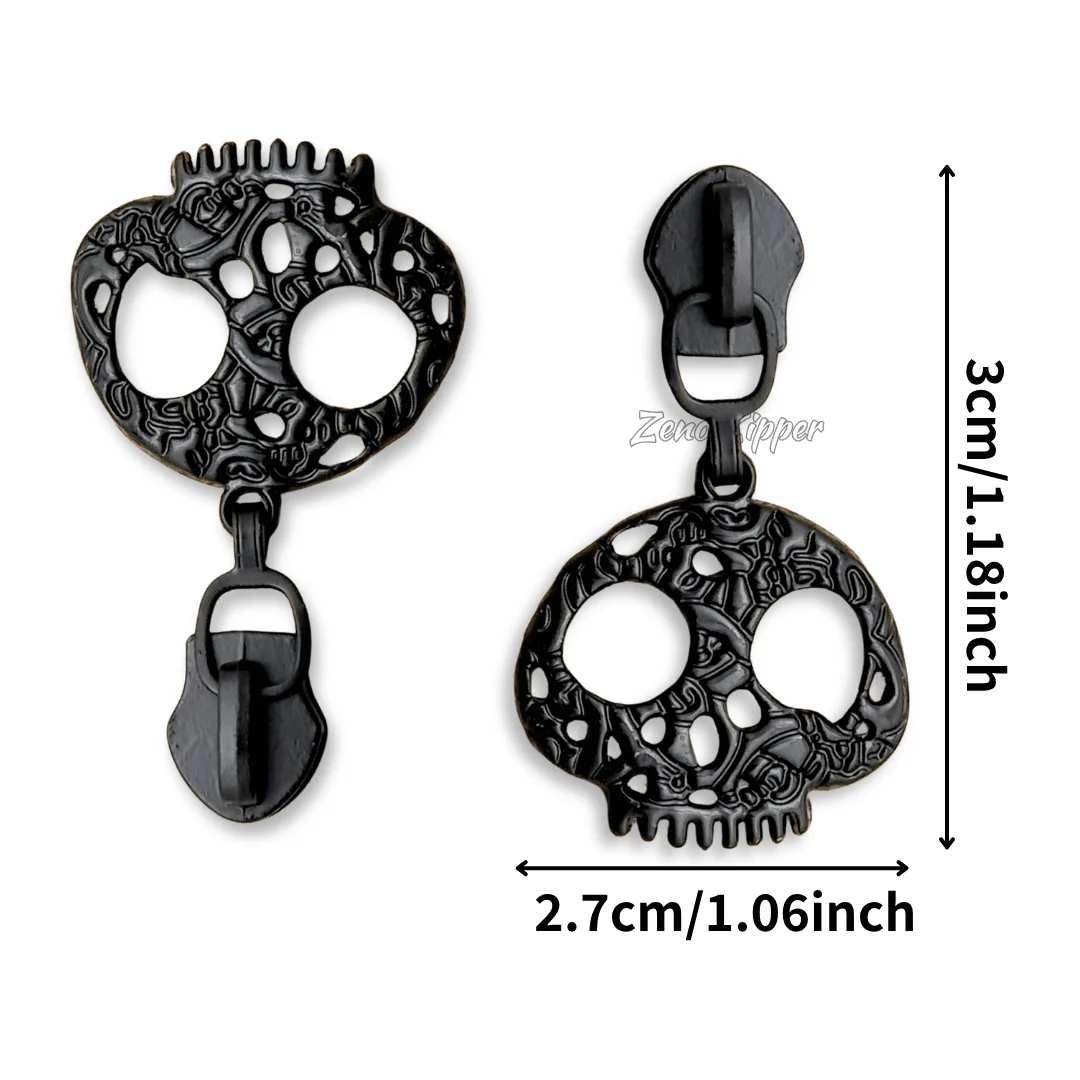 5pcs Black Skull Zipper Head, #5 Nylon Applicable, Smooth and Easy to Pull Durable. DIY Bag, Sweater, Coin Purse