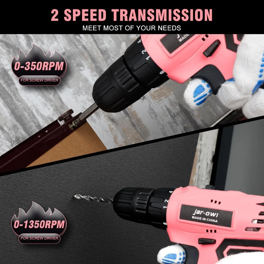 21V Pink Cordless Drill Set Designed for Home DIY and Repair Projects Features 350 inlb High Torque with Variable Speed Control