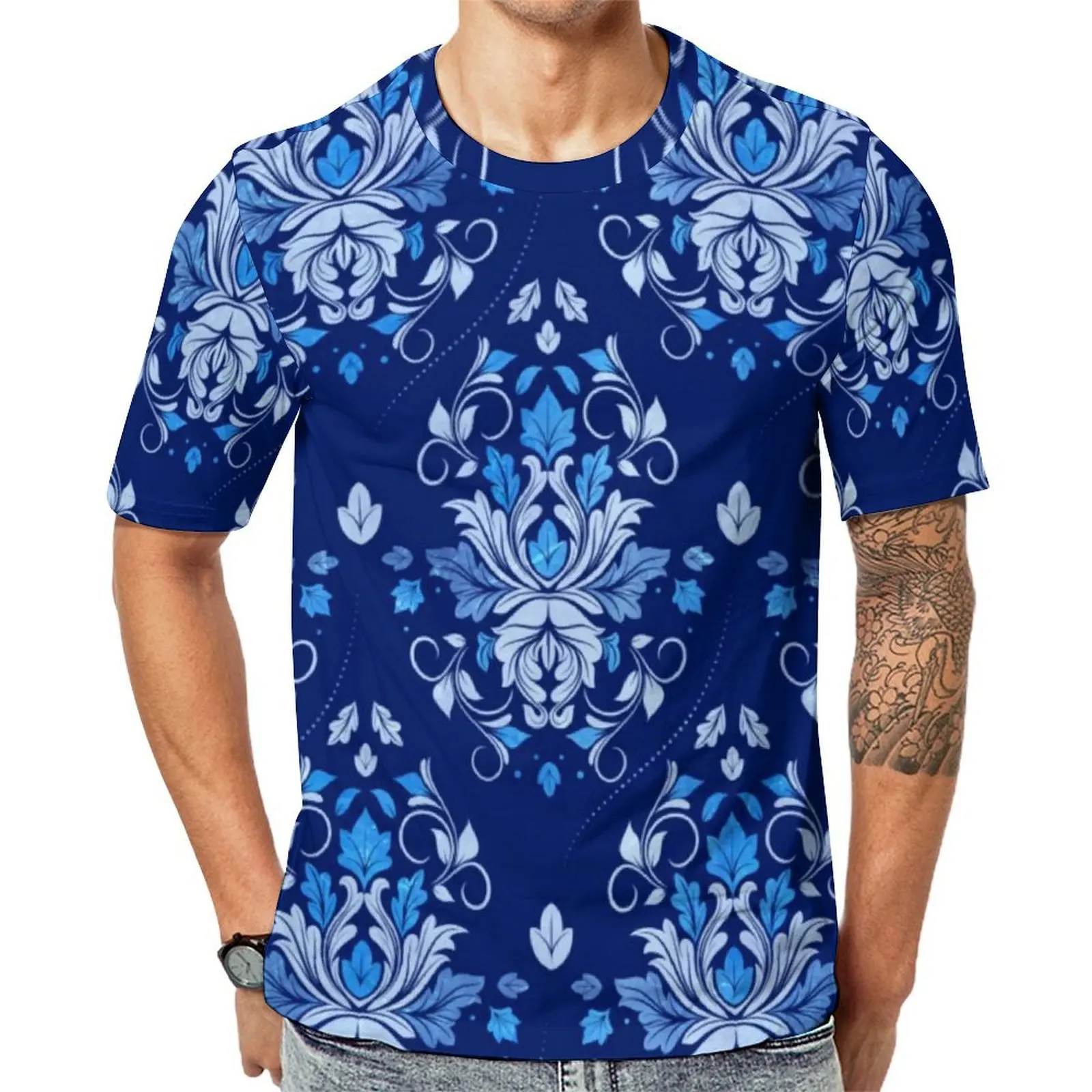 Summer T-Shirt Blue Baroque Print T-Shirts Oriental Vintage Damask Casual Retro Tees For Male Short Sleeve Plus Size Clothing
