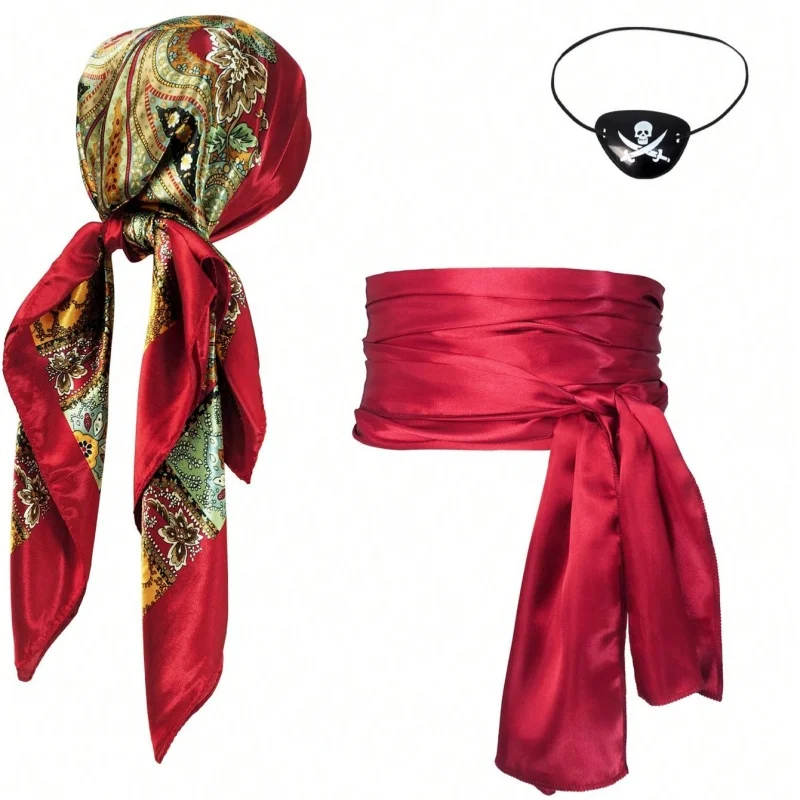 1/3Pcs Pirate Cosplay Set, Satin Headscarf Belt & Mask, Medieval Renaissance Costume Accessory for Halloween Christmas Masquerad