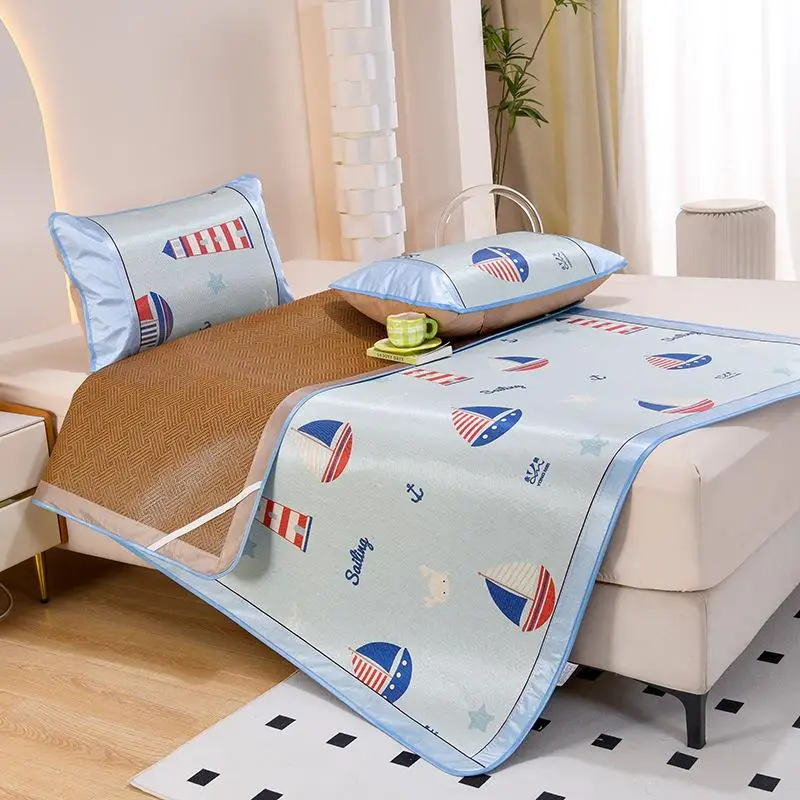 

Thickened Double-Sided Ice Silk Mat Student Summer Cooling Grass Mat Foldable Three-Piece Set Cartoon Print Wicker Mat Bedding