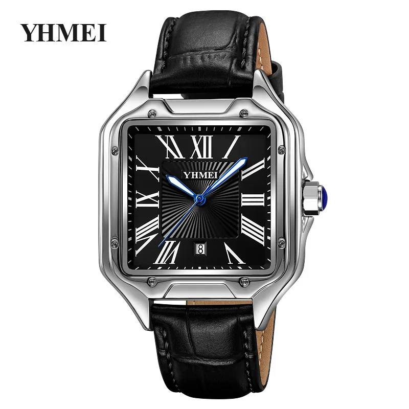 Luxury Watch for Men Square Rectangle Reloj Sliver Orologio Black Leather Band Stainless Steel Quartz Wristwatch Male Man Clock