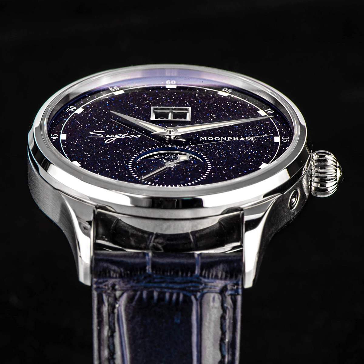 Sugess Moonphase Herrenuhr, 40 mm, automatische mechanische Armbanduhren, Origin ST2528, Uhrwerk, blaue Sandstein-Zifferblätter aus Edelstahl – Detail 13