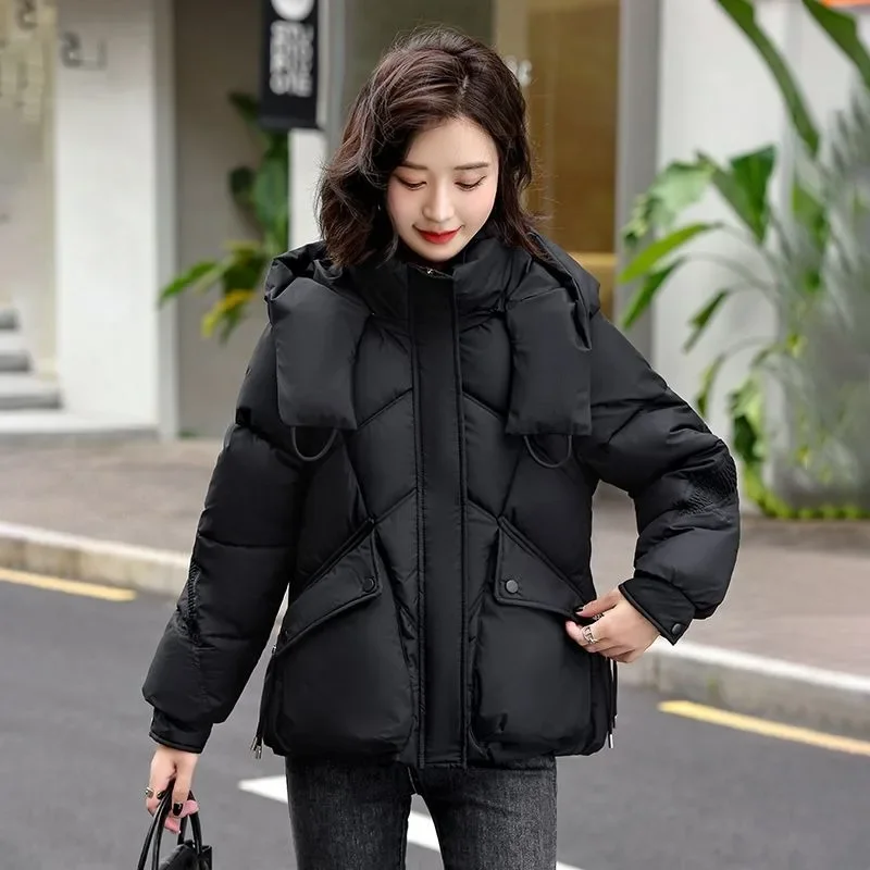 Jaket empuk berlapisan untuk wanita, jaket gaya baru ukuran besar versi Korea longgar, jaket pendek kerah dapat dilepas, gaya baru hangat