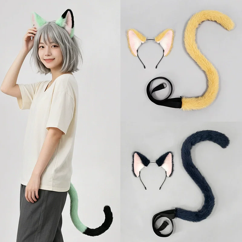 Archi Handwork Yani Neko Cat Ears Headband Hair Hoop Tail Furry Fandom Fursuit Lolita Fluffy Tail Cosplay Props