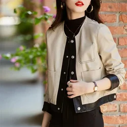 Color Blocked Leather Jacket Short Autumn New High-End Texture, Spring And Autumn Jacket Haining Leather Jacket Women's OutCoat