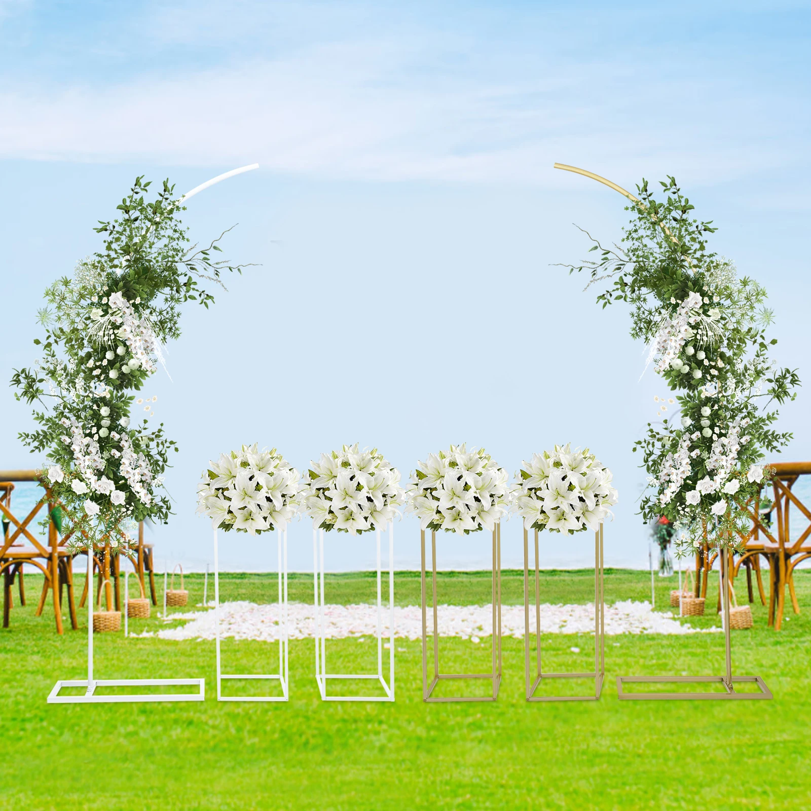 Arche de mariage en métal de 2m, support d'arc de ballon, support de fleurs de mariage et cadre d'arc de 2 pièces pour mariages, anniversaire blanc/doré
