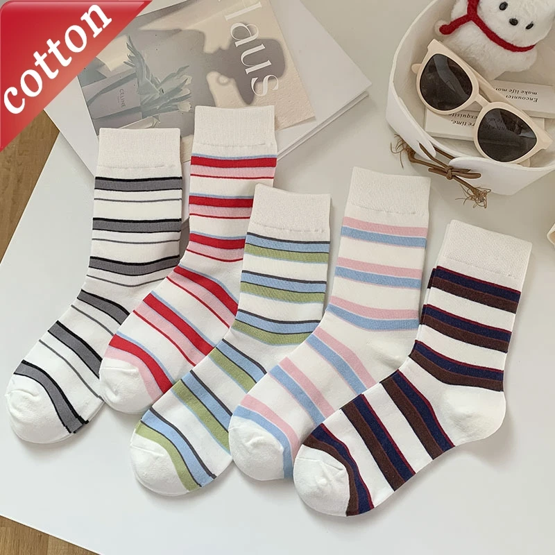 

5 Pairs Ladies' Socks Set Japanese Striped Harajuku Retro Fashion Versatile Comfort High Quality Cotton Socks For Girl Wholesale