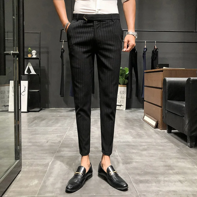 

British Style Suit Pants Men Dress Pants Social Slim Fit Office Trousers Men Grey Spring New Striped Belt Trousers Men's