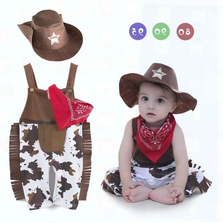 

Western Cowboy loween Baby Boy Outfit Overalls Red Scarf Hat Suit Baby Cling Suit Polyester Material Chinese Origin