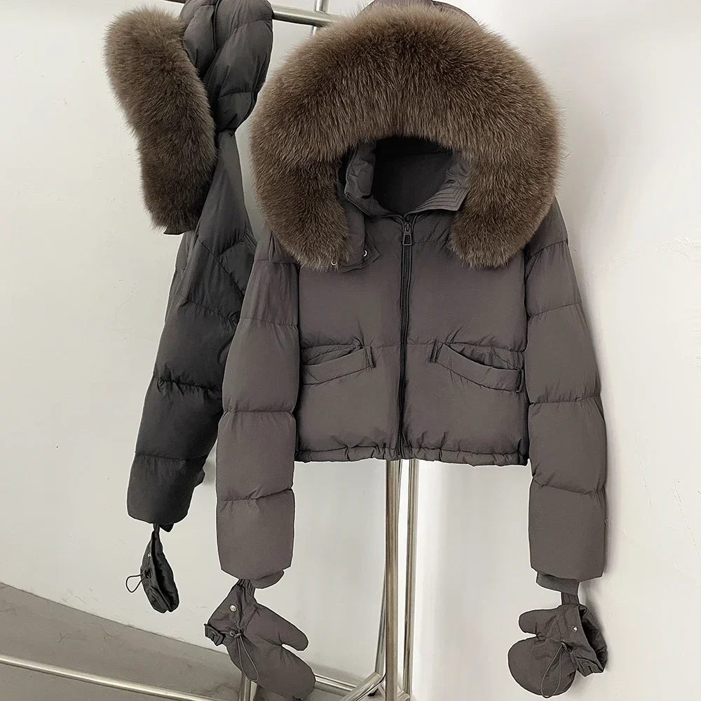 OFTBUY Neue Kapuzen-Daunenjacke, kurze Winterjacke mit echtem Fell, Pufferjacke mit abnehmbaren Handschuhen, Damen-Daunenjacke mit echtem Fuchsfell – Detail 21