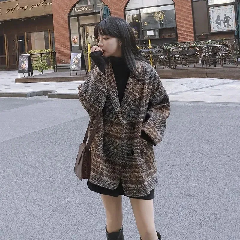 Women Winter Korean Woolen Plaid Jacket Tweed Vintage Loose Female Coat Slim Double Breasted Lapel Spliced Button Overcoat