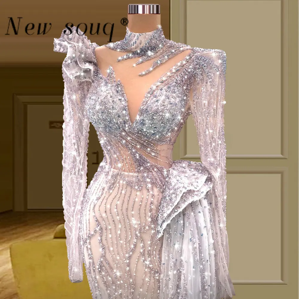 Arabic Sparkle High Neck Long Sleeves Evening Dresses with Side Train Sexy Mermaid Beaded Prom Gowns Middle East Formal Vestidos