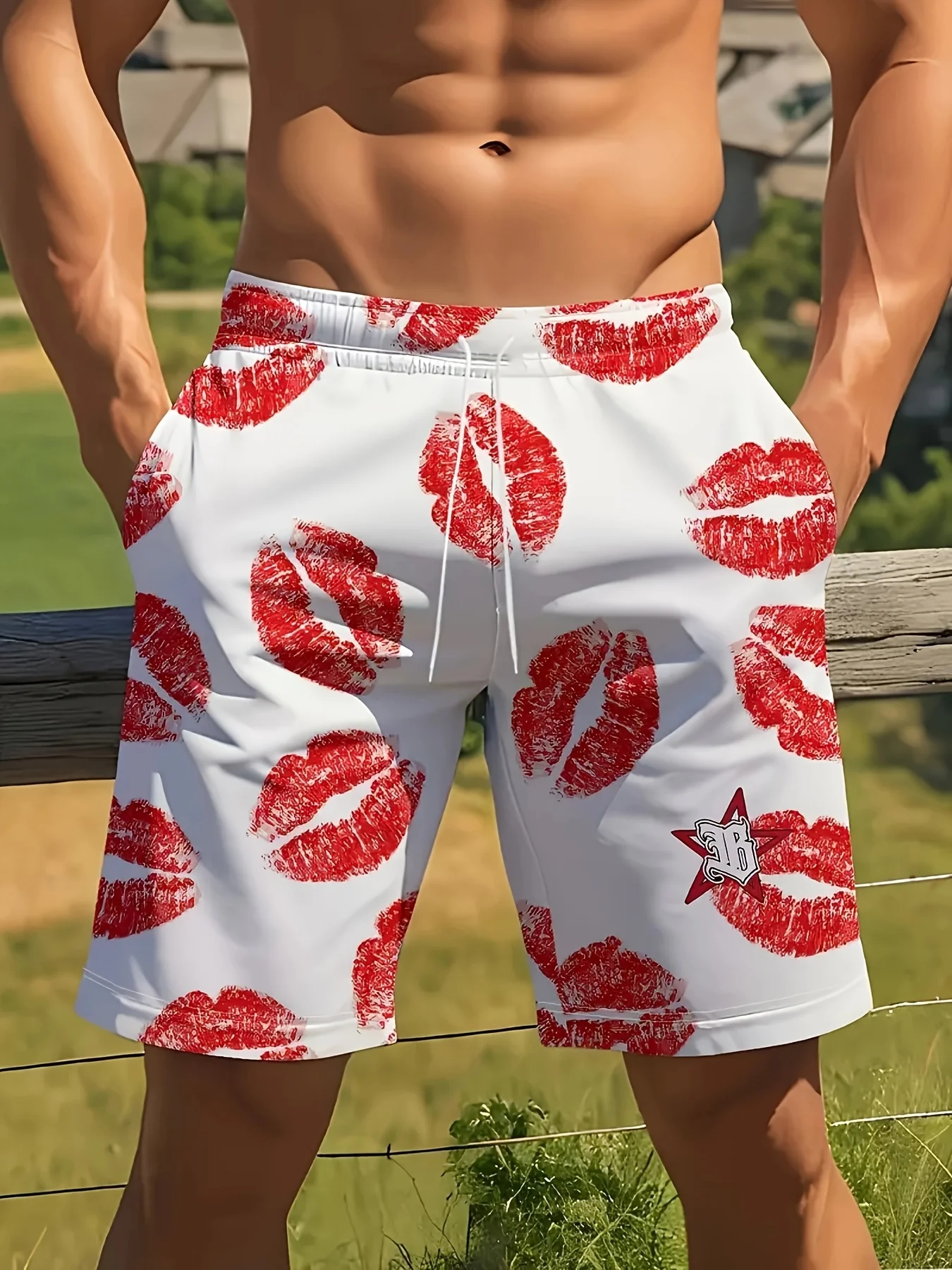 

Plus Size Men's Casual Beach Shorts with Bold Red Lips & Stars Digital Machine Washable for Summer