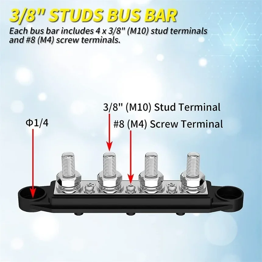 12V Power Distribution Block 250A Bus Bar Terminal Block with Cover M8 / M10 4 Way Terminal Studs 48VDC 300VAC for Car Boat 1SET