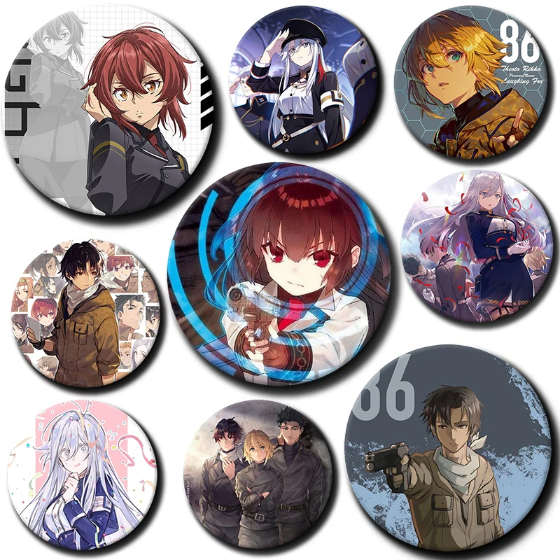 58mm 8-86 E-Eighty Six Anime Badge Snap in Design Cartoon Lapel Pins Round Brooches for Backpack Clothes Accessories Gifts