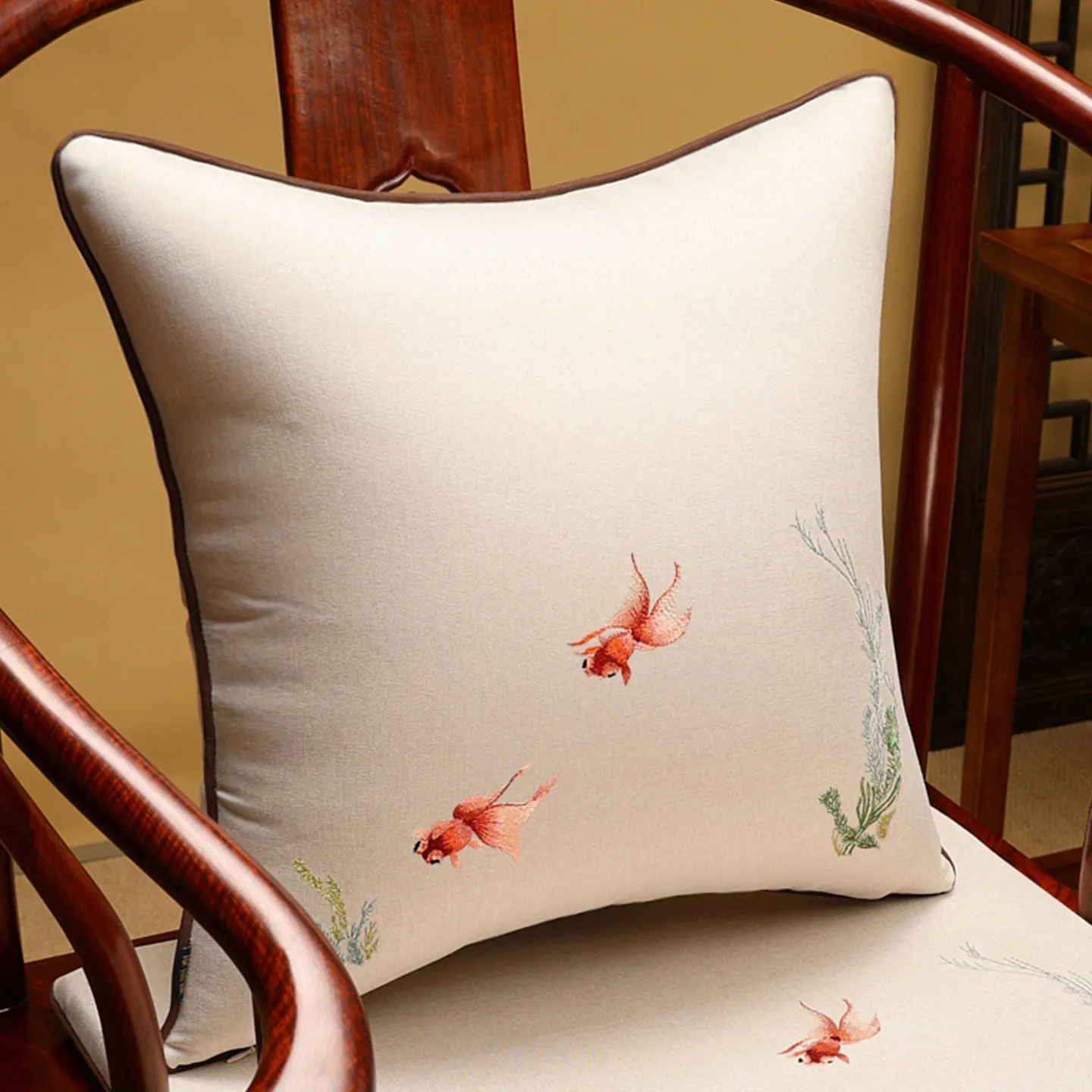 Chinese Embroidered Pillow Cover Linen Cushion Cover with Ink Wash Floral & Bird Patterns