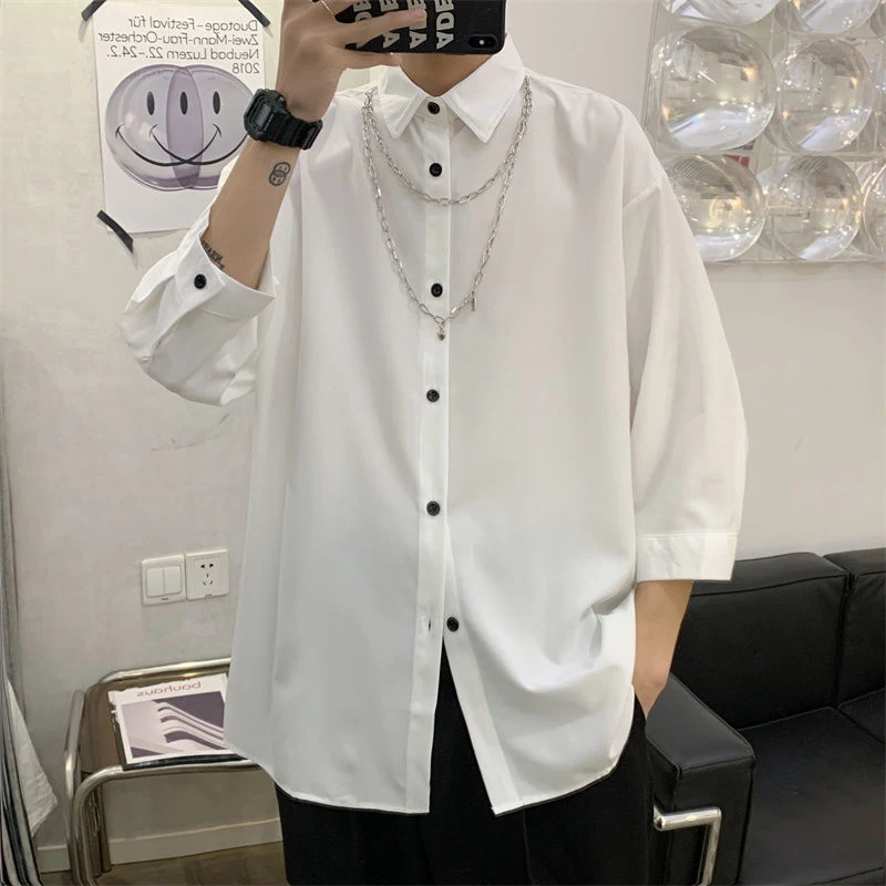 Korean Street Fashion Short Sleeve Men T Shirts With Chain Black White Harajuku Casual All-match Oversized Clothing Hip Hop Punk
