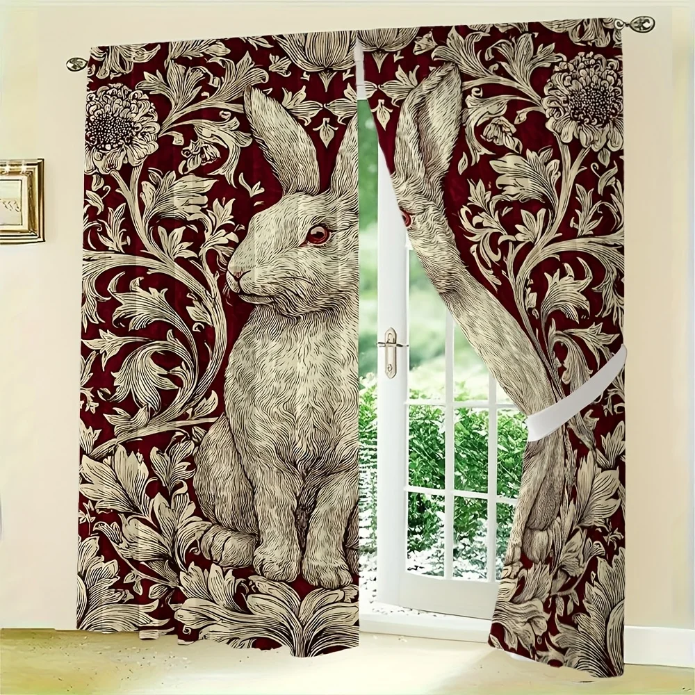 2pcs Victorian Rabbit Curtain No Rod Cream Hare in Ornate Crimson Floral Scrollwork, Botanical Illustration Elegant Home Decor