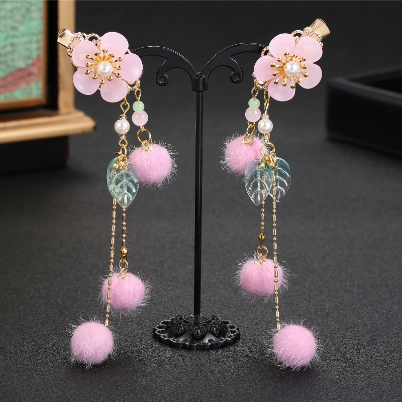 Chinese-style Hanfu Accessories Hairball Hairpin Children\'s New Year Simple Leaf Pendant Antique Headwear Fairy Hair Accessories