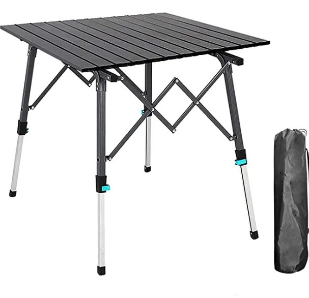 Adjustable height outdoor camping table picnic roll-up metal folding table light aluminum for easy portability