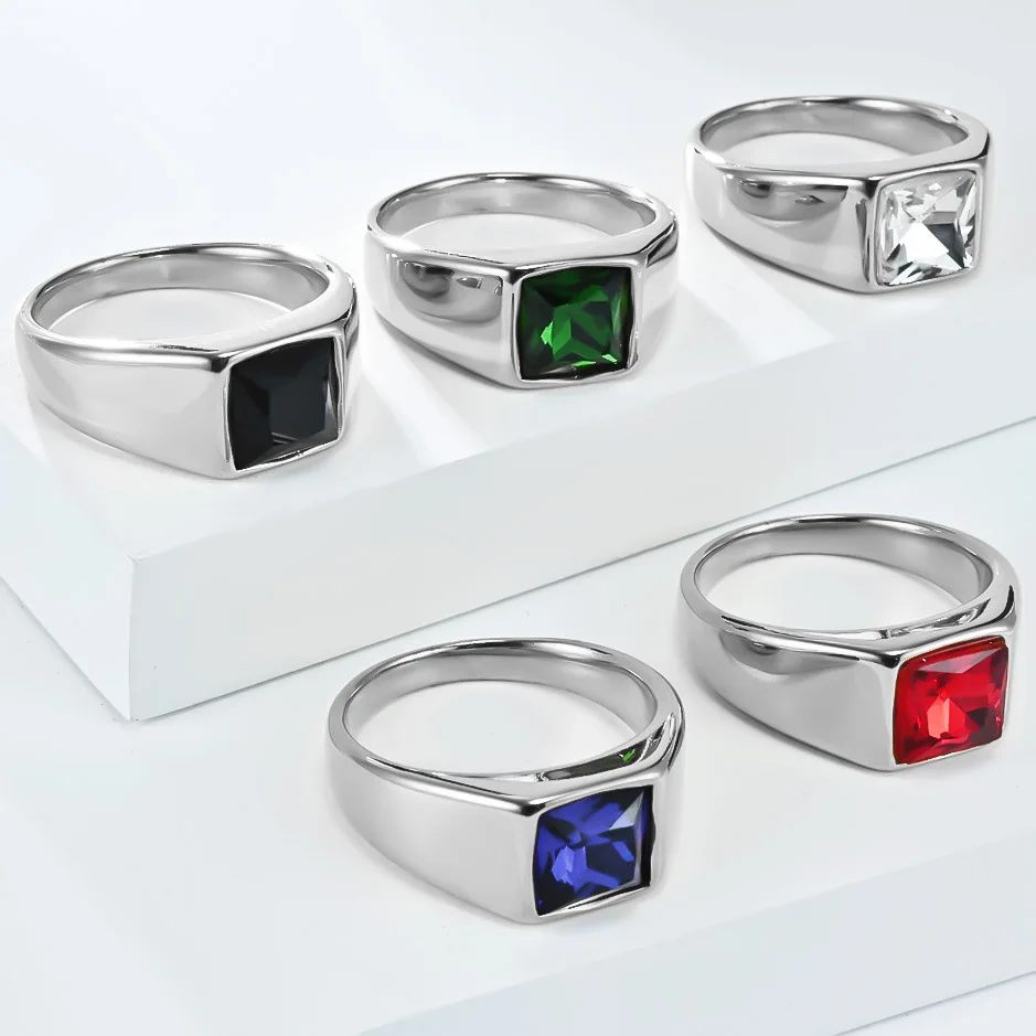 Stainless Steel Shinny Zircon Square Gem Signet Ring for Men Vintage Wedding.Engagement Jewelry