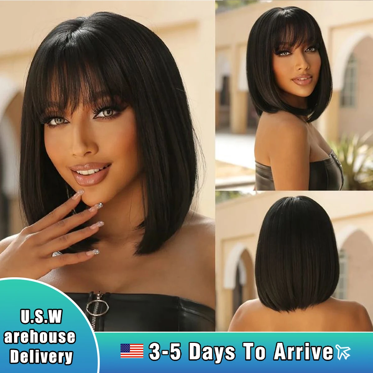 Women Synthetic Short Straight Wig BOBO Natural Black Brown Heat Resistant Hair Wig for Women Daily Bob Wigs