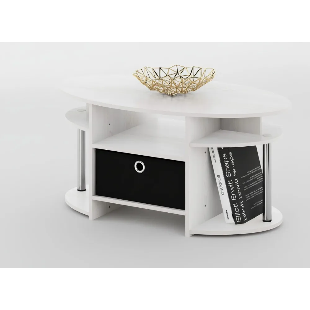 

Modern Oval Coffee Table with Storage Bin for Living Room, White Oak/Chrome/Black - Space-Saving Design