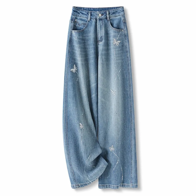Diamonds Jeans Women's Washed Denim Straight Trousers Spring Summer High-waisted Distressed Casual Jeans Loose Wide-leg Pants