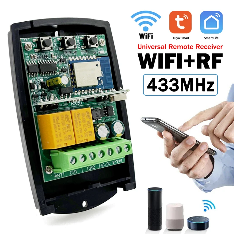 

Универсальный модуль дистанционного управления гаражными воротами Tuya WIFI 433 МГц, 2 канала, приемник с фиксированным плавающим кодом 433,92 МГц, контроллер для различных марок автомобилей.