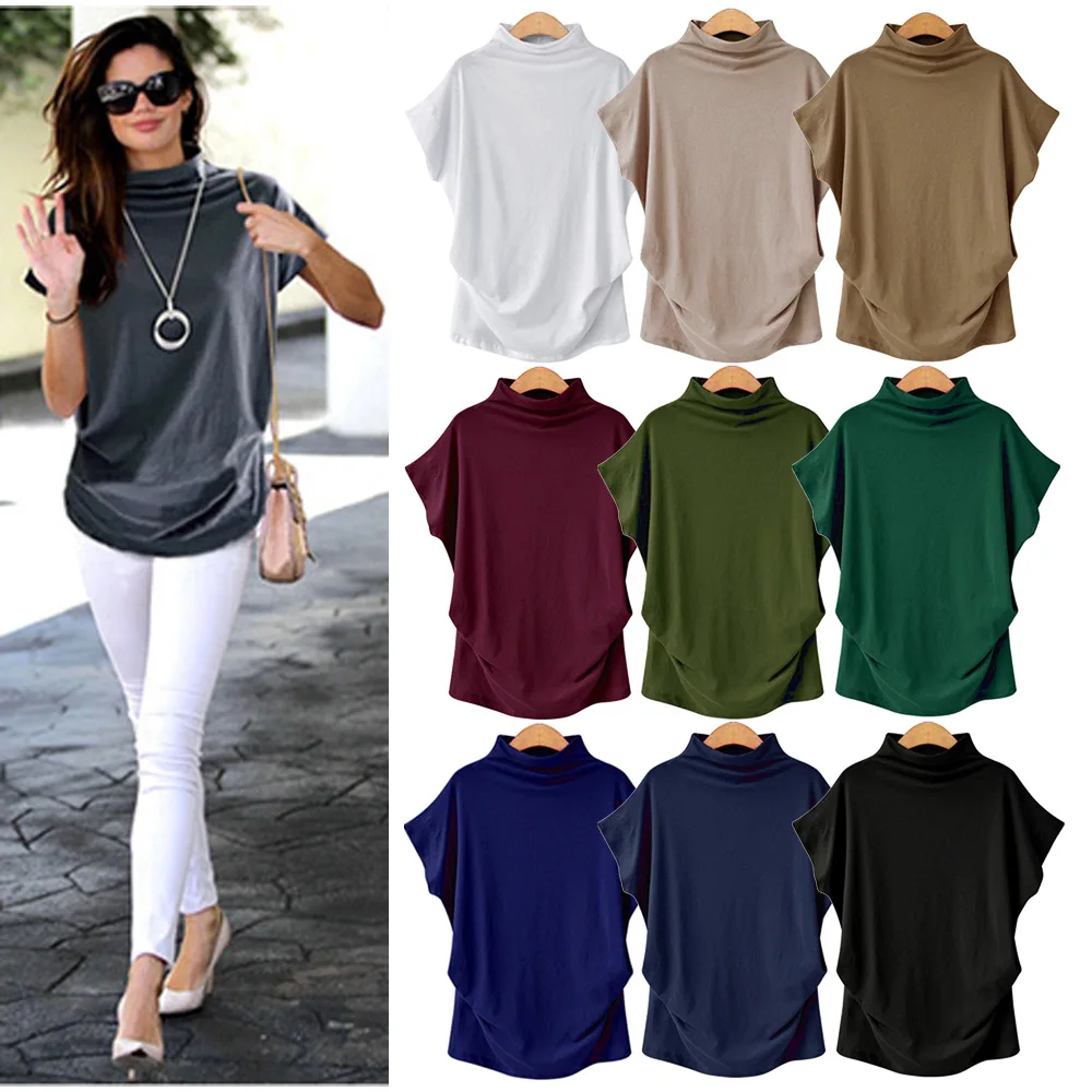 Women Casual Turtleneck Short Sleeve Cotton girl Solid Casual Top Shirt female Plus Size Solid girl clothing fashion