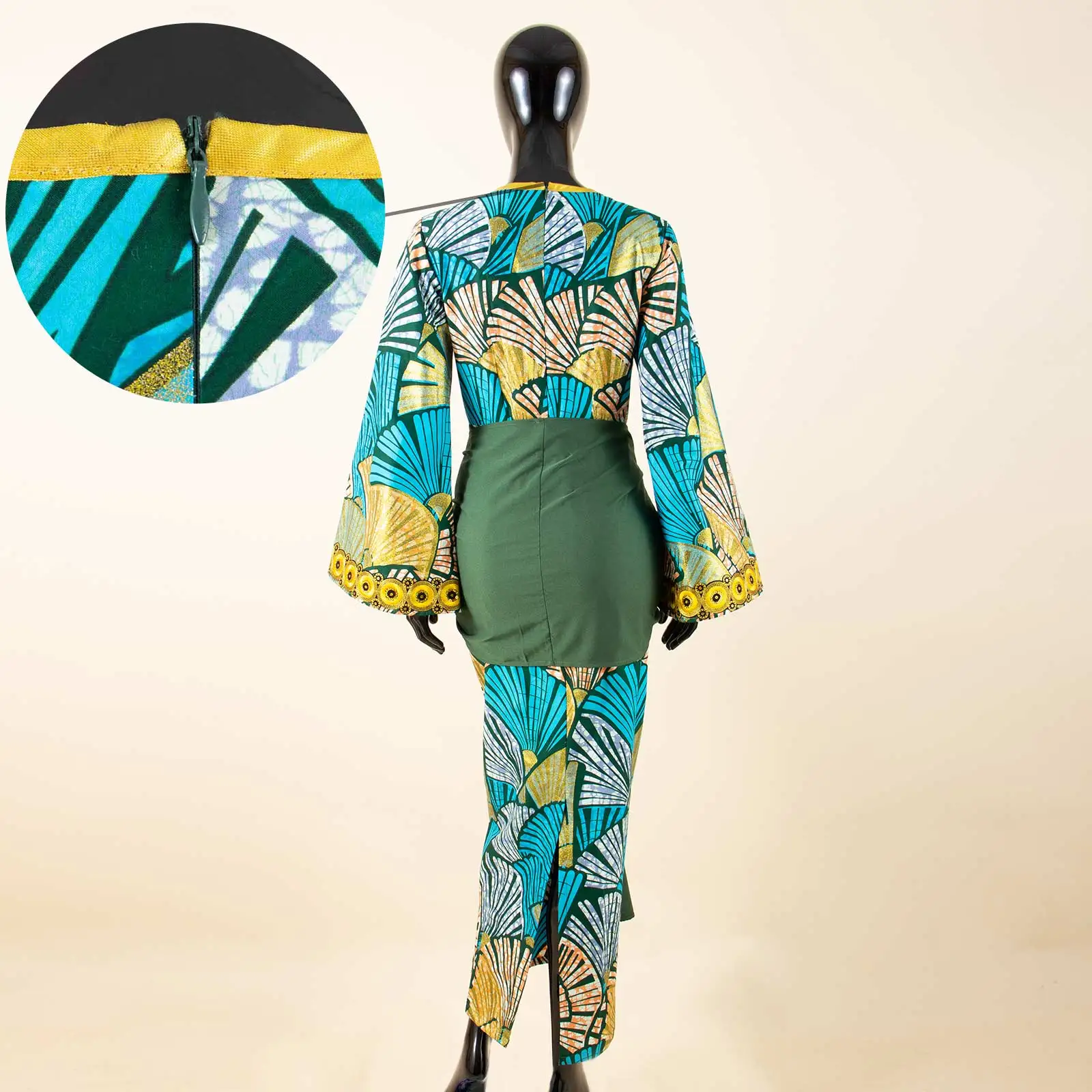 الزي الأفريقي للنساء أنقرة طباعة ساحة طوق كم كامل طول الأرض فستان مع حزام Dashiki فستان الحفلات عادية