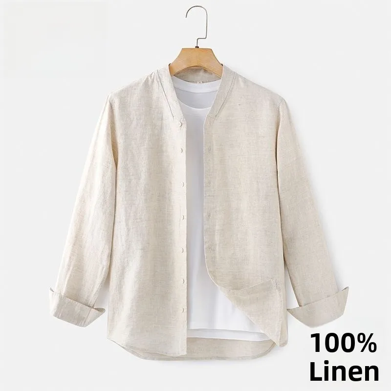 Loose Fit Long Sleeve Chinese Style Shirt Linen Cotton Blend Breathable Lightweight Men's Casual Top Thin Outerwear Summer