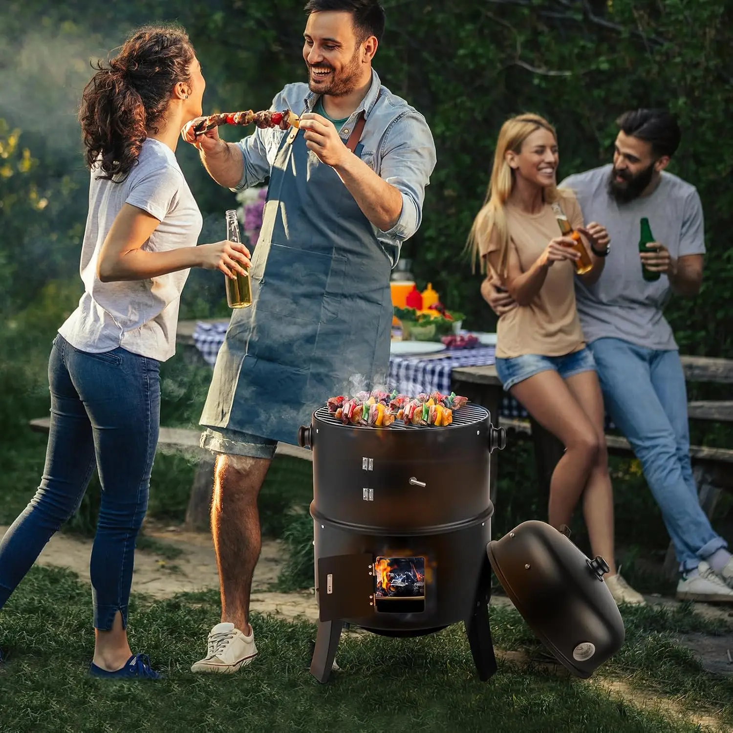 Vertical 17 Inch Charcoal BBQ Smoker, 3-in-1 Portable Grill Cooker, Customized