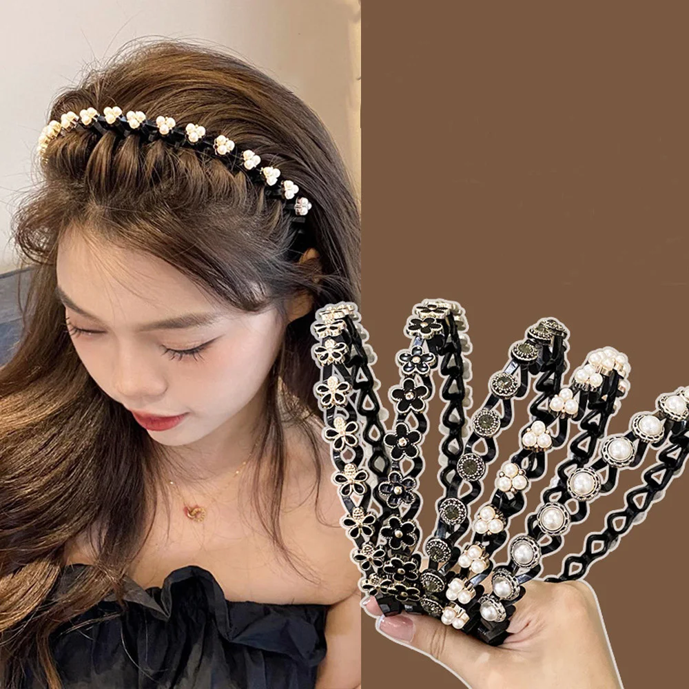 Fashion Pearl Rhinestone Wave Hairband Elastic Flower Non-Slip Hair Hoop For Women Washing Face Hair Accessories Headwear Gifts