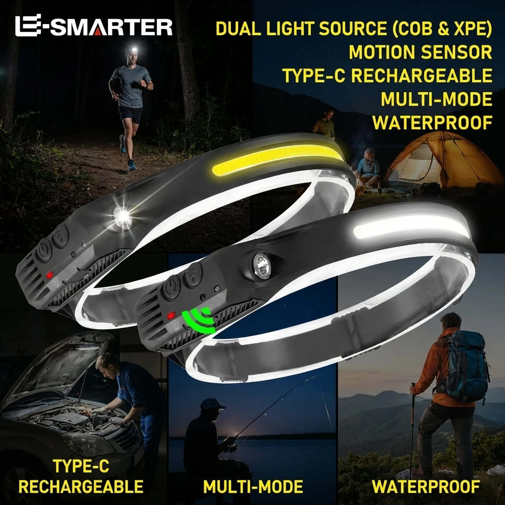 5 Lighting Modes Head Torch COB LED Flashlight USB Rechargeable Hand Sweep Sensor Headlamp Camping Fishing Work Head Light