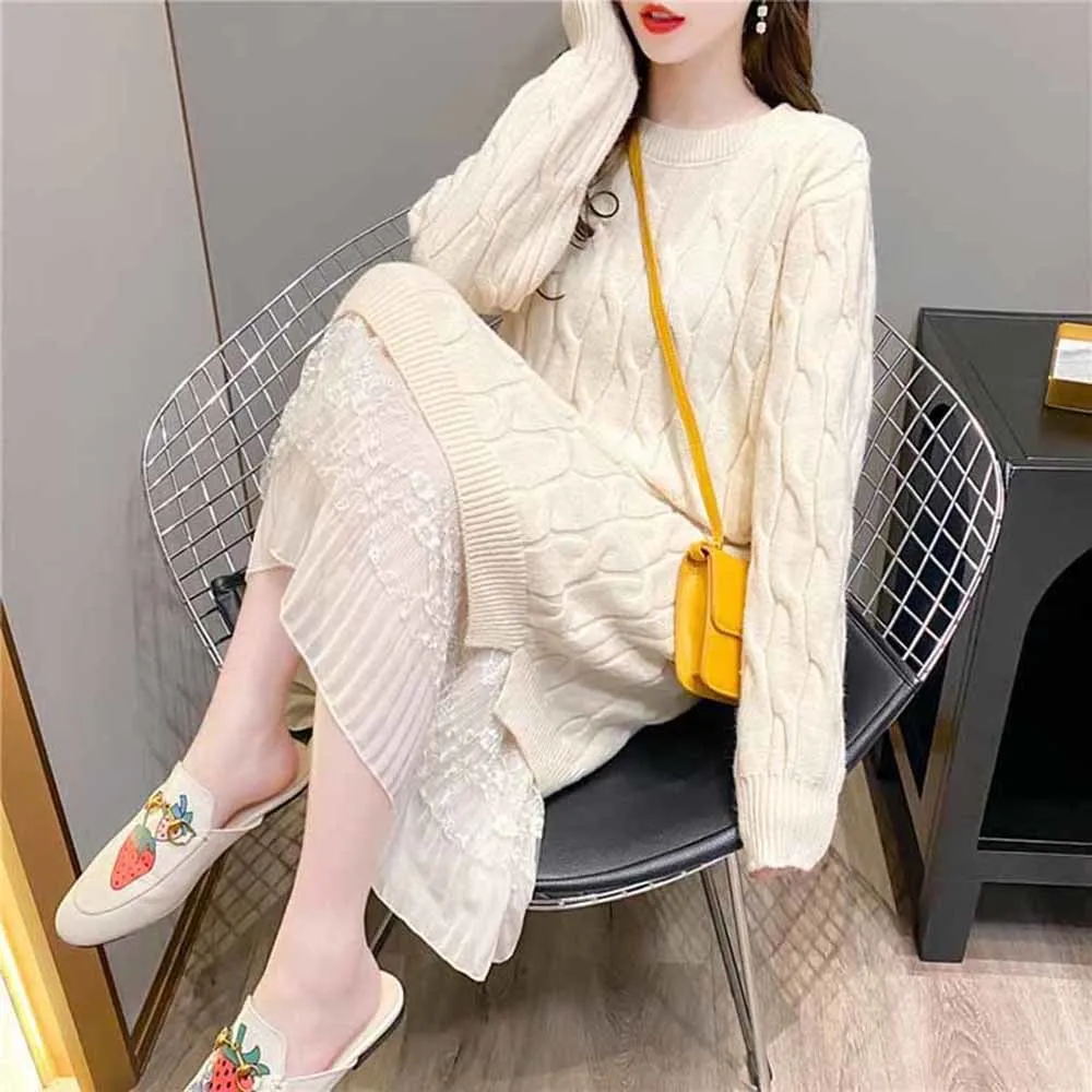 Medium Length Dress Women\'s Autumn Winter 2021 Solid Color Mesh Hem Stitching Knitted Bottomed Skirt Long Sleeve Dresses