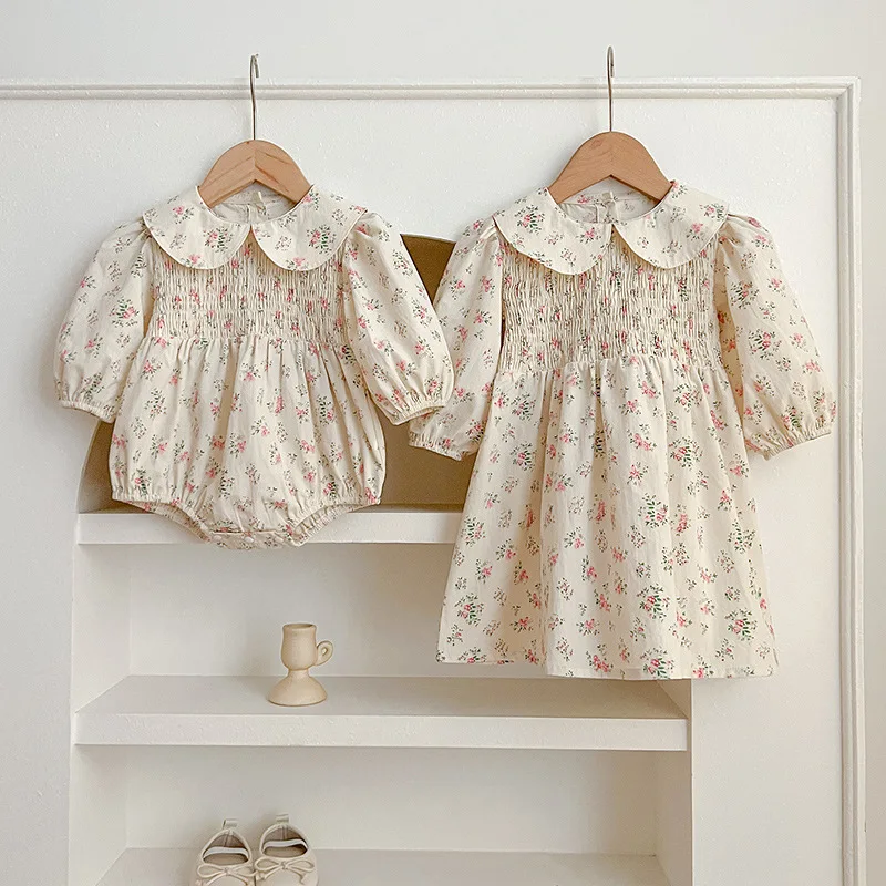 Spring New Style Baby Girl Clothes Long Sleeve Romper Doll Collar Gathered Floral Girl Dress Sister Outfit