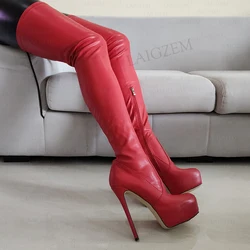 LAIGZEM Women Thigh High Platform Boots Side Zip Elastic Thin High Heels Over Knee Boots Faux Leather Plus Size 41 44 45 47 5052