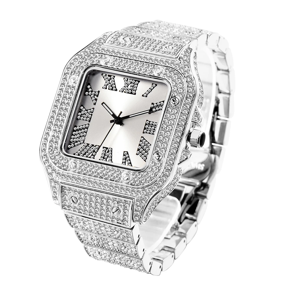 Ultrathin Fashion Crystal Male Watch Luxury Diamond Bracelet Wristwatch Square Full Ice Out Bling Watches For Men Hip Hop Rapper