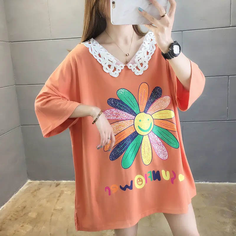 2024 New Summer Youth Sweet Academy Style Lace Flip Collar Personalized Print Loose Oversized Casual Short Sleeve Large T-shirt