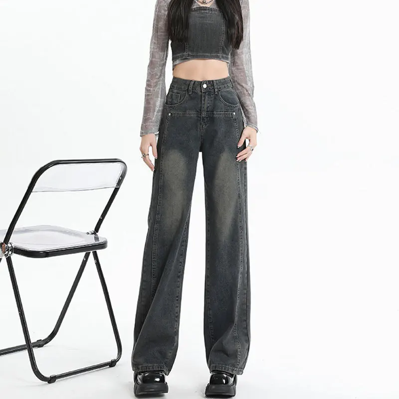 Woman New High Waist Loose Wide Leg Jeans Girls Boyfriend Straight Leg Pants Female Fashion Gray Black Denim Trousers Large Size