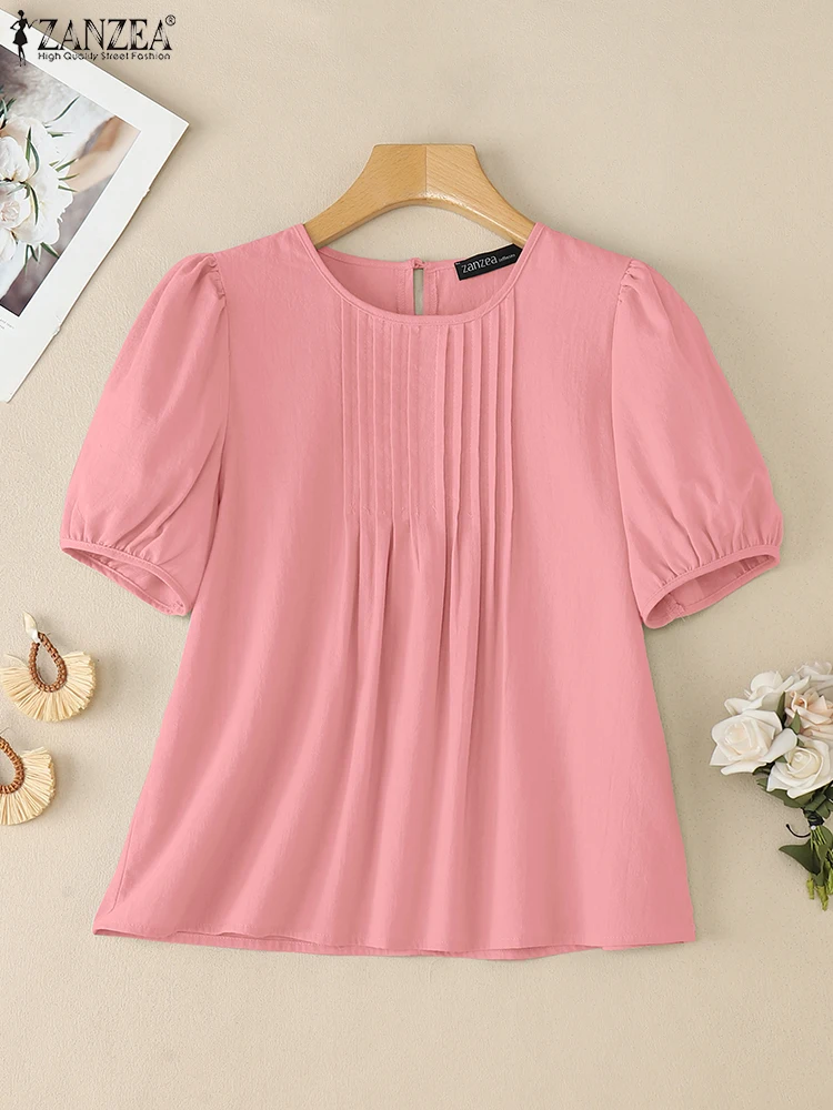 ZANZEA ผู้หญิงฤดูร้อนผ้าฝ้ายลินินเสื้อจีบ-Bib O-คอสั้นพัฟแขน Blusas Mujer ทุกวันแฟชั่นสีทึบ Chemise